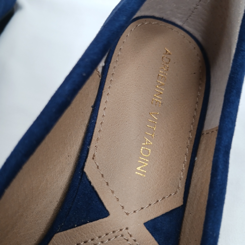 Slip On Loafers Shoes 7 Adrienne Vittadini Blue Suede Gold Chain Detail - Picture 8 of 11